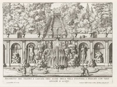 Cascade en Teatro delle Acque v de tuinen van de Villa Torlonia te Frascati Vyhlídka divadla a vodní kaskády Villa Ludovisia (...) (název na objektu) Fontány vil ve Frascati (název série) Fonteinen van Frascati (název série) od Giovanni Battista Falda