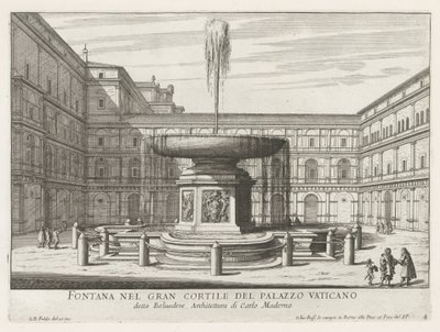 Fontein v de Cortile del Belvedere ve Vatikánu Fontána na velkém nádvoří Vatikánského paláce (titul na objektu) Fontány Říma (název série) Fonteinen van Rome (název série) od Giovanni Battista Falda