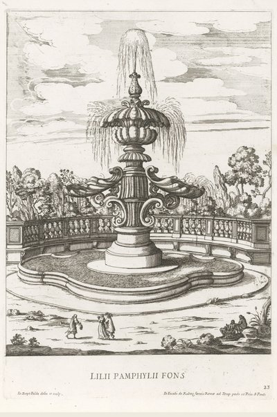 Fontána v zahradách Villa Doria Pamphilj v Římě Lilii Pamphylii fons (název na objektu) Le fontane ne palazzi e ne giardini di Roma (název série) Fontány v palácích a zahradách Říma (název série) od Giovanni Battista Falda