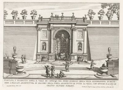 Fontein in de tuinen van de Villa Aldobrandini te Frascati Fontána a vyvýšenina nad cypřišovou alejí (...) (nadpis na objektu) Fontány vil ve Frascati (název série) Fonteinen van Frascati (název série) od Giovanni Battista Falda