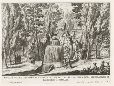 Fontein in de tuinen van de Villa Aldobrandini te Frascati Rustikální fontána v horním patře u vodopádu divadla (...) (titul na objektu) Fontány vil ve Frascati (název série) Fonteinen van Frascati (název série) od Giovanni Battista Falda