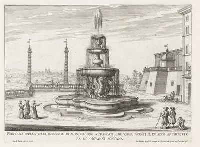 Fontein in de tuinen van de Villa Mondragone te Frascati Fontána ve vile Borghese di Mondragone ve Frascati (...) (název na objektu) Fontány vil ve Frascati (název série) Fonteinen van Frascati (název série) od Giovanni Battista Falda