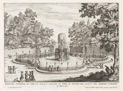 Fontein v de tuinen van de Villa Torlonia te Frascati Horní fontána na vrcholu schodiště a vodopád nad divadlem (...) (název na objektu) Fontány vil ve Frascati (název série) Fonteinen van Frascati (název série) od Giovanni Battista Falda