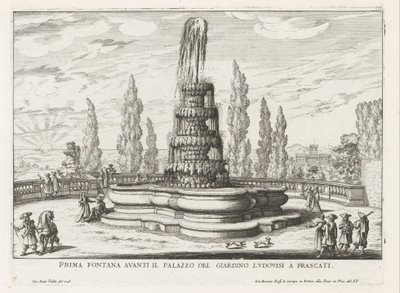 Fontein v de tuinen van de Villa Torlonia te Frascati První fontána před Palazzo del Giardino Ludovisi ve Frascati (název na objektu) Fontány vil ve Frascati (název série) Fonteinen van Frascati (název série) od Giovanni Battista Falda