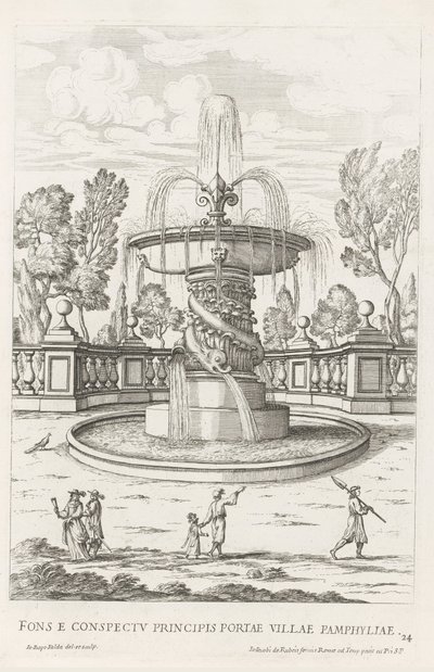 Fontein se setkal s dolfijnen v de tuinen van Villa Doria Pamphilj te Rome Fontána před knížecí bránou města Pamphylia (název na objektu) Le fontane ne palazzi e ne giardini di Roma (název série) Fonteinen in de paleizen en tuinen van Rome (název série od Giovanni Battista Falda