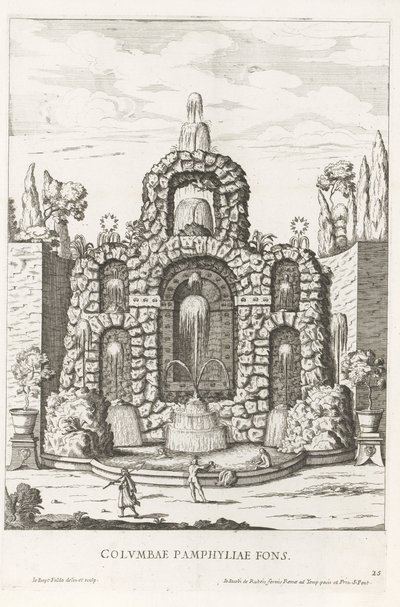 Fontána s holuby v zahradách Villa Doria Pamphilj v Římě Columbae Pamphyliae fons (název na objektu) Le fontane ne palazzi e ne giardini di Roma (název série) Fontány v palácích a zahradách Říma (název série) od Giovanni Battista Falda