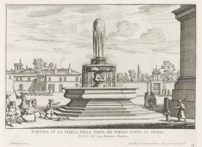 Fontein na náměstí Piazza del Popolo te Rome Fontána na náměstí Piazza della Porta del Popolo pod věží (název na objektu) Fontány Říma (název série) Fonteinen van Rome (název série) od Giovanni Battista Falda