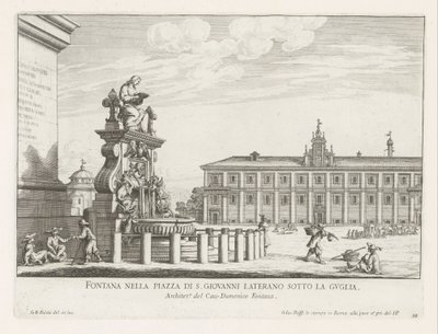 Fontein na náměstí Piazza di San Giovanni in Laterano te Rome Fontána na Piazza di S. Giovanni Laterano pod věží (název na objektu) Fontány Říma (název série) Fonteinen van Rome (název série) od Giovanni Battista Falda