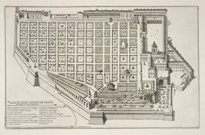 Papežská zahrada a palác Quirinale, z Il Nuovo Teatro della Fabriche et Buildings in Perspective of Modern Rome, publikované kolem roku 1665-69 (viz také 172928) od Giovanni Battista Falda
