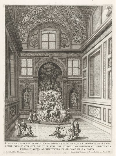 Pokoj větrů v de tuinen van de Villa Aldobrandini te Frascati Pokoj pro dvacet v divadle Belvedere ve Frascati (...) (název na objektu) Fontány vil ve Frascati (název série) Fonteinen van Frascati (název série) od Giovanni Battista Falda