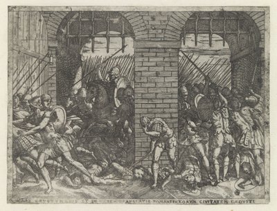 Romeinse soldaten vallen Crustumerium binnen Oběť Crustumeniho (...) zbavená občanství (titul na předmětu) Leven van Romulus en Remus (název série) od Giovanni Battista Fontana