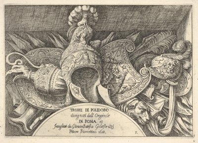 Deska 5: Trofeje římských zbraní z výzdoby nad okny ve druhém patře ..., 1658. od Giovanni Battista Galestruzzi