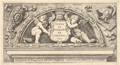 Titulek k sérii tisků podle Poloidora, titul na štítu podepřený dvěma putti, 1658. od Giovanni Battista Galestruzzi