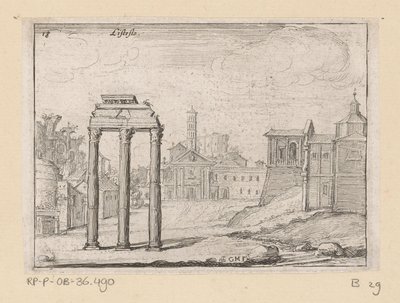 Pohled na Forum Romanum v Římě Listesso (název na objektu) Pohledy na Řím (název série) Alcune vedute et prospettive di luoghi dishabitati di Roma (název série) od Giovanni Battista Mercati
