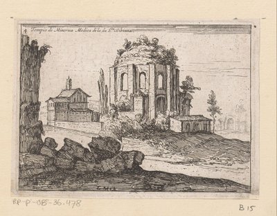 Resten van de Tempel van Minerva Medica v krajině Chrám Minervy Medica di la da S.ta Bibiana (název na objektu) Gezichten op Rome (název série) Některé pohledy a perspektivy neobydlených míst v Římě (název série) od Giovanni Battista Mercati