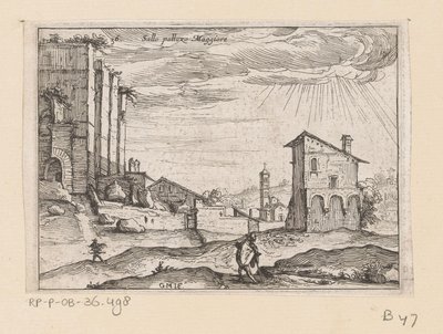 Ruiny Palazzo Maggiore v Římě a budovy v okolí Sallo pallazo Maggiore (název na objektu) Pohledy na Řím (název série) Alcune vedute et prospettive di luoghi dishabitati di Roma (název série) od Giovanni Battista Mercati