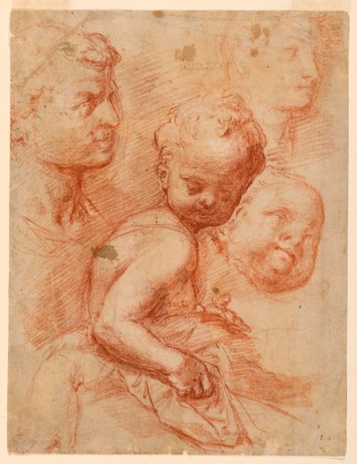 Kresba, Studie hlavy muže, ženy a dítěte, sedící dítě, asi 1570 od Giovanni Battista Naldini