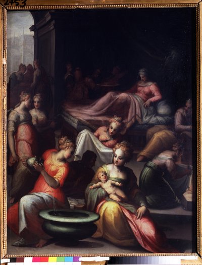 Narození svatého Jana Křtitele (Narození Jana Křtitele). Obraz Giovanni Battista Naldini (1537-1591). Olej na plátně. Slunce: 89 x 74 cm. Florentské umění manýrismu. Puškinovo muzeum, Moskva. od Giovanni Battista Naldini