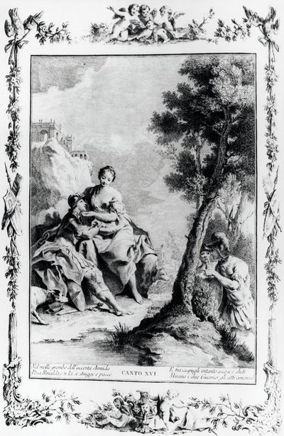 Armida a Rinaldo viděni křižáky Carlem a Ubaldem, zpěv XVI, Jeruzalém doručen od Giovanni Battista Piazzetta
