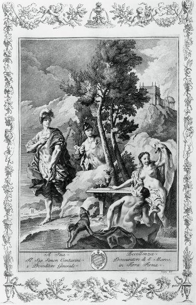 Carlo a Ubaldo na Šťastných ostrovech, rytina, Giovanni Battista Piazzetta (1683-1754) pro Canto XV Jeruzalém Dodáno, Torquato Tasso (1544-1595), Giovanni Battista Albrizzi vydání, Benátky, Itálie od Giovanni Battista Piazzetta