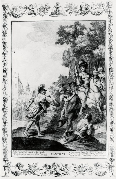 Duel mezi Ottonem a Tancredi za přítomnosti Clorindy, zpěv VI, Jeruzalém doručen od Giovanni Battista Piazzetta