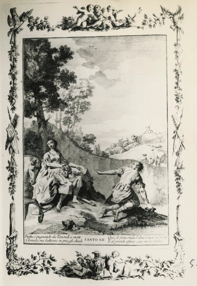 Jerusalem Delivered, canto XII, ilustrace Giovanni Battista Piazzetta (1683-1754) k básni Torquato Tasso (1544-1595), vydání vydané v Benátkách v roce 1745, Itálie od Giovanni Battista Piazzetta