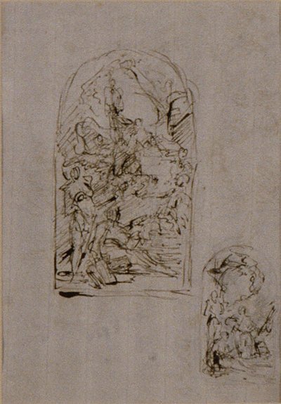 Náčrtky pro oltář se svatou Markétou z Cortony, svatým Šebestiánem a svatým Rochem (recto); dva náčrtky pro oltář (verso) od Giovanni Battista Piazzetta