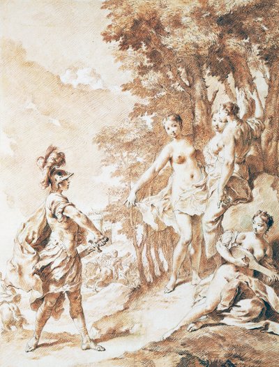 Tancredi na prahu kouzelného lesa, scéna z Jeruzaléma doručeného Torquatem Tassem, Giovanni Battista Piazzetta (1682-1754), sangvinik od Giovanni Battista Piazzetta