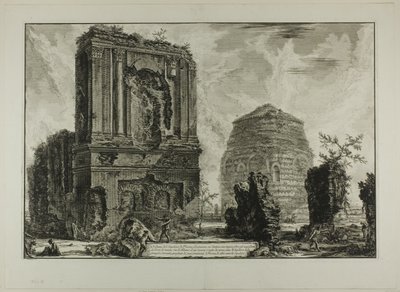 A. Pohled na hrobku Liciniana Piso na starověké Appianské cestě... B. Hrobka Cornelii..., z Pohledů na Řím od Giovanni Battista Piranesi