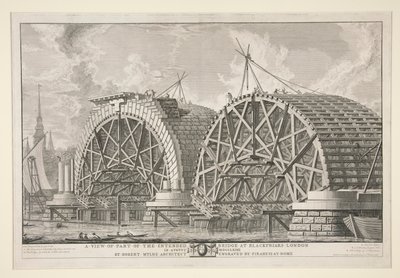 Pohled na část zamýšleného mostu v Blackfriars, Londýn, v srpnu MDCCLXIIII od Roberta Mylne, architekta, vyryto Piranesi v Římě od Giovanni Battista Piranesi
