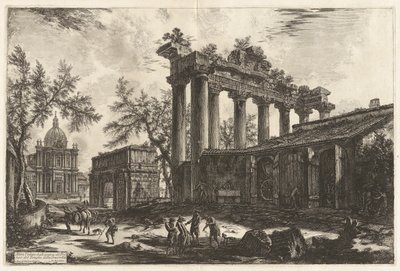 Altra Veduta degli avanzi del Pronao del Tempio del Concordia (Další pohled na zbytky Pronaos z Chrámu Svornosti [Saturnova chrámu s obloukem Septimia Severa v levém pozadí]), z Vedute di Roma (Pohledy na Řím) od Giovanni Battista Piranesi