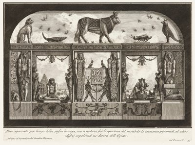 Další průřez téže dílny, kde je vidět nesmírnou pyramidu mezi otvory vestibulu, z Různorodého způsobu zdobení cest od Giovanni Battista Piranesi