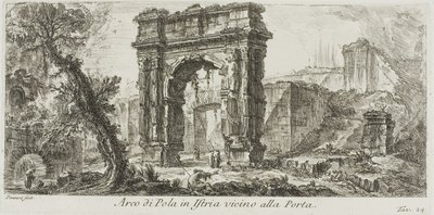 Oblouk Pola na Istrii poblíž brány, deska 24 z některých pohledů na triumfální oblouky a další památky od Giovanni Battista Piranesi