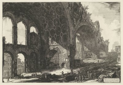 Bazilika van Maxentius te Rome Pohled na pozůstatky Tablino Zlatého domu Nerona běžně známého jako Chrám míru (název na předmětu) Gezichten op Rome (název série) Pohledy na Řím navržený a vyrytý architektem Giambattista Piranesi Ve od Giovanni Battista Piranesi
