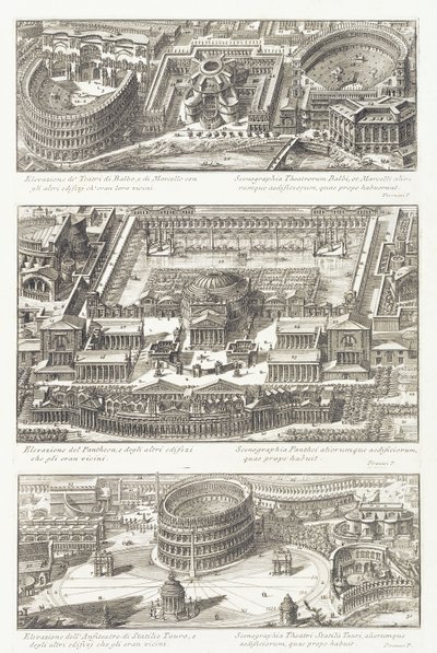 Pohledy z ptačí perspektivy na: divadla Balbo a Marcello, Pantheon a okolní oblast a amfiteátr Statilio Tauro od Giovanni Battista Piranesi