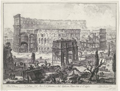 Boog van Constantijn v Koloseu v Římě Pohled na Konstantinův oblouk a na Flaviův amfiteátr známý jako Koloseum (název na objektu) Gezichten op Rome (název série) Pohledy na Řím navrhl a vyryl Giambattista Piranesi architekt Ve (nez) ian od Giovanni Battista Piranesi