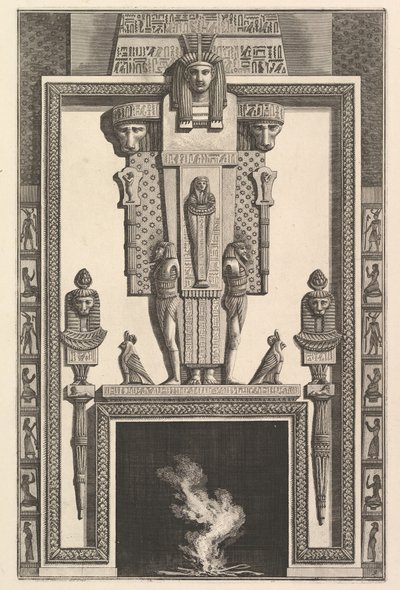 Komín v egyptském stylu: Mumie položená na velké karyatidě nad linte..., 1769. od Giovanni Battista Piranesi