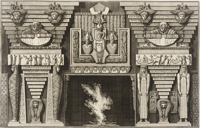 Krb v egyptském stylu: dvě mumie z profilu vlevo a dvě postavy nesoucí obelisky vpravo. od Giovanni Battista Piranesi