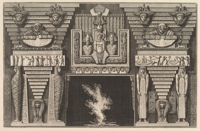 Komín v egyptském stylu: Dvě mumie z profilu vlevo a dvě postavy..., ca. 1769. od Giovanni Battista Piranesi