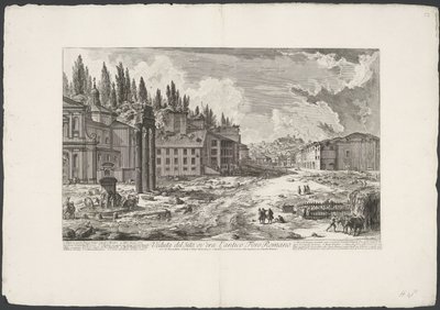 Forum Romanum se setkalo s Tempel van Jupiter Stator te Rome Pohled na místo, kde bylo starověké římské fórum (název na objektu) Gezichten op Rome (název série) Pohledy na Řím navržený a vyrytý architektem Giambattista Piranesi Ve (nez) iano (název série) od Giovanni Battista Piranesi