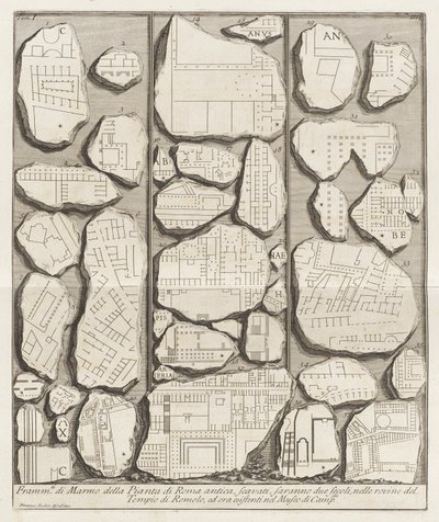 Fragmenty mramoru z plánu starověkého Říma od Giovanni Battista Piranesi