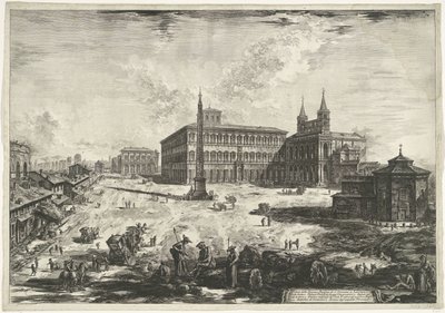 Gezicht op het Lateraan te Rome se setkal s de Sint-Jan van Lateranen Pohled na náměstí Piazza a bazilika S. Giovanni in Laterano (název na objektu) Gezichten op Rome (název série) Pohledy na Řím navrhl a vyryl Giambattista Piranesi architekt Ve (nez) ian od Giovanni Battista Piranesi