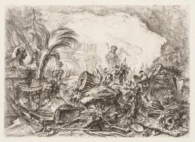 Groteschi: Ruiny se sochou fauna a spadlým sloupem od Giovanni Battista Piranesi