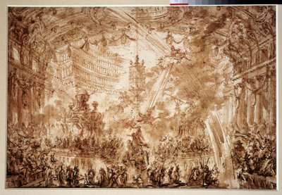 Uvnitř paláce: dva Flying Renames korunují postavu. Kresba Giovanni Piranese (1720-1778) od Giovanni Battista Piranesi
