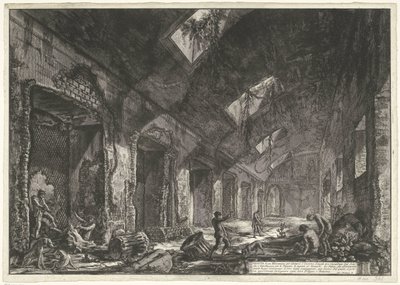 Interieur van de Heliocaminus Baden v de Villa Adriana t a Tivoli Pohledy na Helio-krb pro život v zimě, který byl vyhříván Sluncem, které bylo zavedeno přes okna (nadpis na objektu) Gezichten op Rome (název série) Pohledy na Řím diseg od Giovanni Battista Piranesi