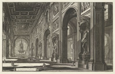 Interieur van de Sint-Jan van Lateranen te Rome Vnitřní pohled na baziliku S. Giovanni Laterano (titul na objektu) Gezichten op Rome (název série) Pohledy na Řím navržený a vyrytý architektem Giambattista Piranesi Ve (nez) iano (název série) od Giovanni Battista Piranesi