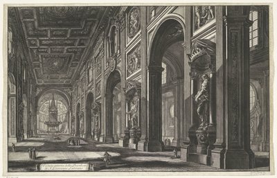 Interieur van de Sint-Jan van Lateranen te Rome Vnitřní pohled na baziliku S. Giovanni Laterano (titul na objektu) Gezichten op Rome (název série) Pohledy na Řím navržený a vyrytý architektem Giambattista Piranesi Ve (nez) iano (název série) od Giovanni Battista Piranesi