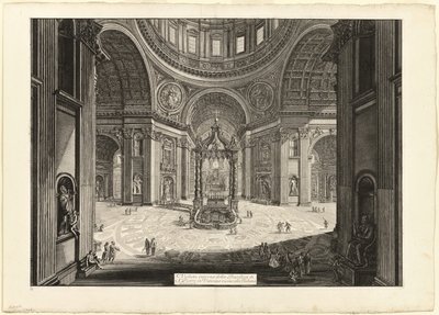 Pohled do interiéru baziliky svatého Petra ve Vatikánu, poblíž tribuny, z Pohledů na Řím od Giovanni Battista Piranesi