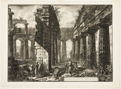 Vnitřní pohled na pozůstatky jednoho z pronaoi Neptunova chrámu, který směřuje do vnitrozemí, z různých pohledů na Paestum od Giovanni Battista Piranesi