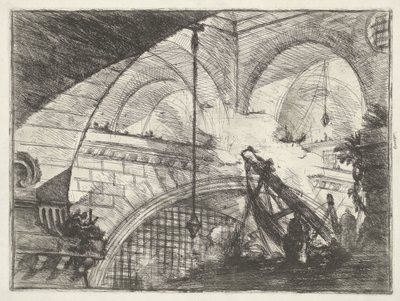 Dungeon se zvedací instalací Oblouk se skořápkovým ornamentem Dungeons (název série) Invenzioni Capric di Carceri all Acqua Forte (název série) od Giovanni Battista Piranesi
